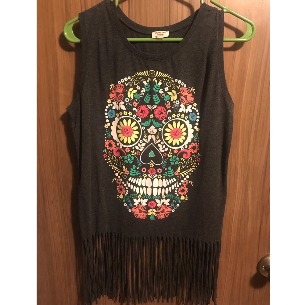 Fun concert top “Dia de los Muertos” fringe top-L